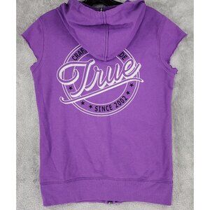 True Religion Hoodie Womens Small Purple Full Zip Cutoff Sleeves Sweatshirt